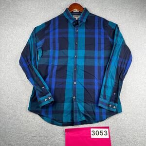 Express Fitted Shirt Blue Teal Plaid Casual Button Up Long Sleeve Mens Large